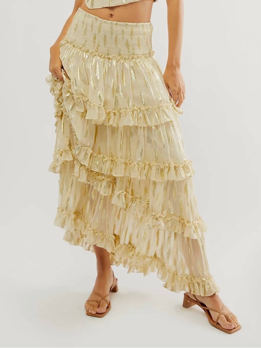 Jen's Pirate Booty gold lamé Tiered Ruffle Maxi Skirt stunning!